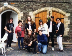 Xentrix with farm hands recording in Wales UK 1993            